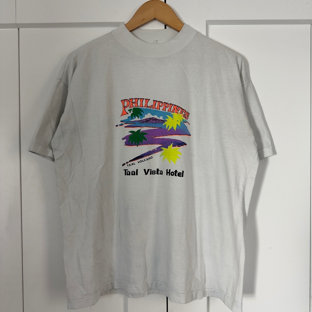 Vintage 80s Mens Large Taal Vista Hotel Philippines T-Shirt White Single Stitch